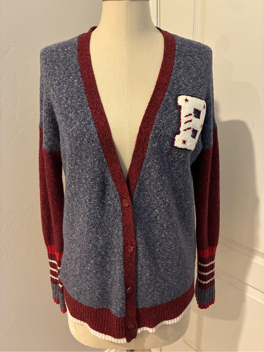 Mossimo Varsity Letterman Cardigan Sweater Blue Burgundy Colorblock Patch XS